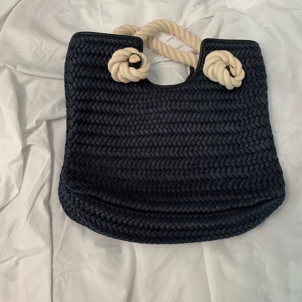 Talbots Navy Weave Handbag with Chunky Rope Handle EUC